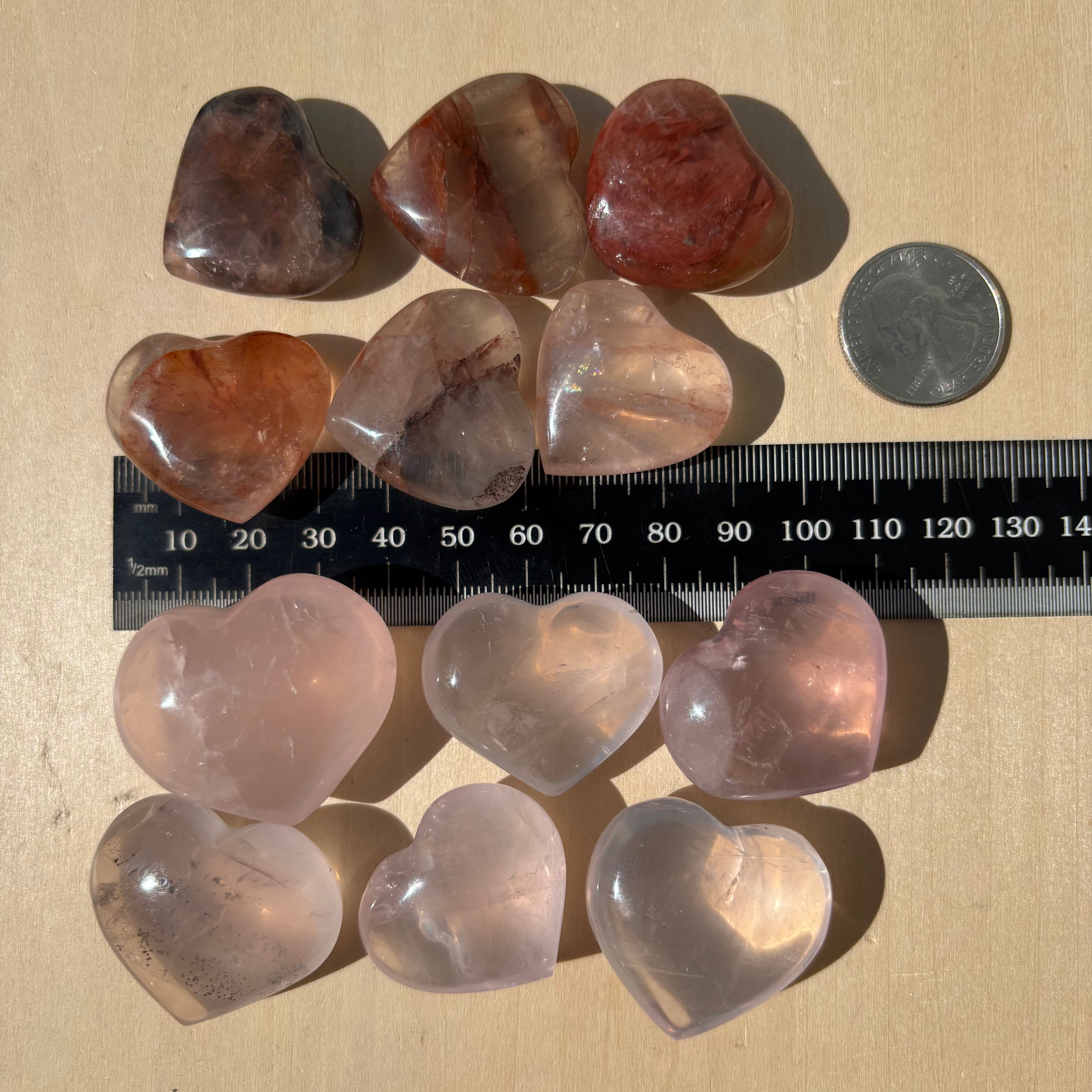 Pure Rose Quartz and Hematoid Rose Quartz Hearts Duet