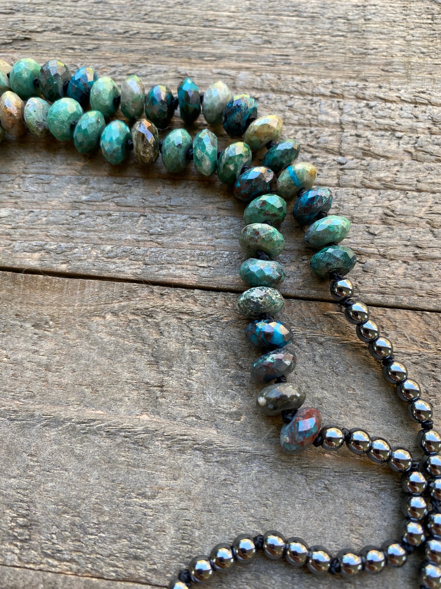 Peruvian Turquoise, Chrysocolla, Hematite, & Clear Quartz Hand Knotted Necklace by Moontree Adornment