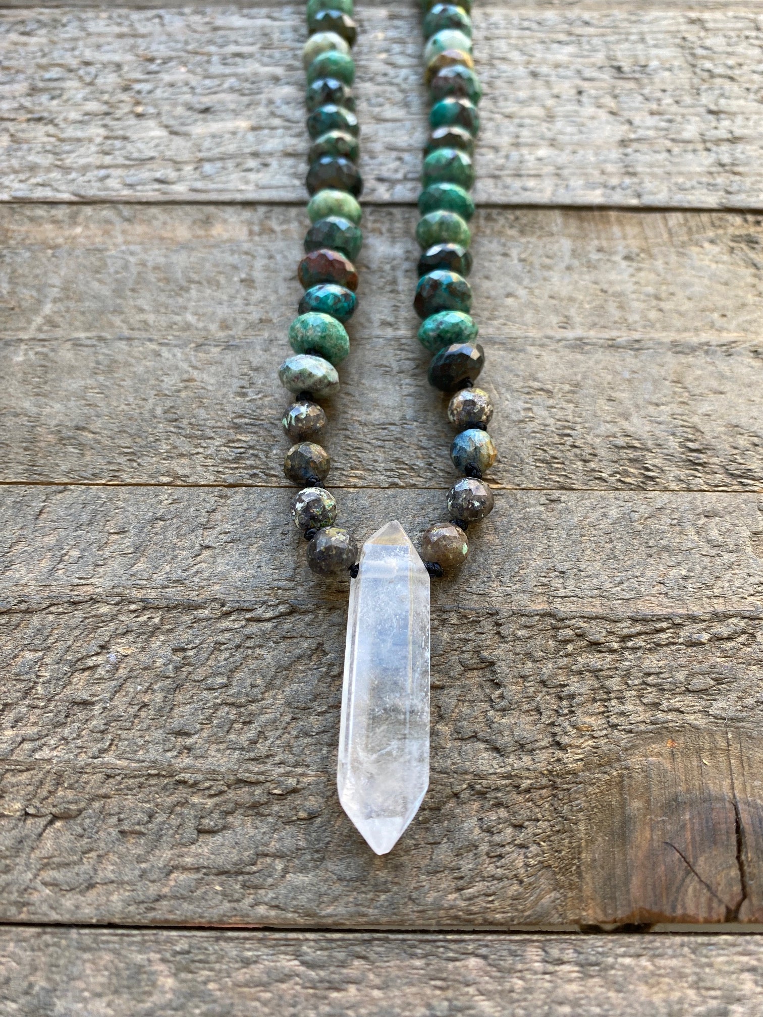 Peruvian Turquoise, Chrysocolla, Hematite, & Clear Quartz Hand Knotted Necklace by Moontree Adornment