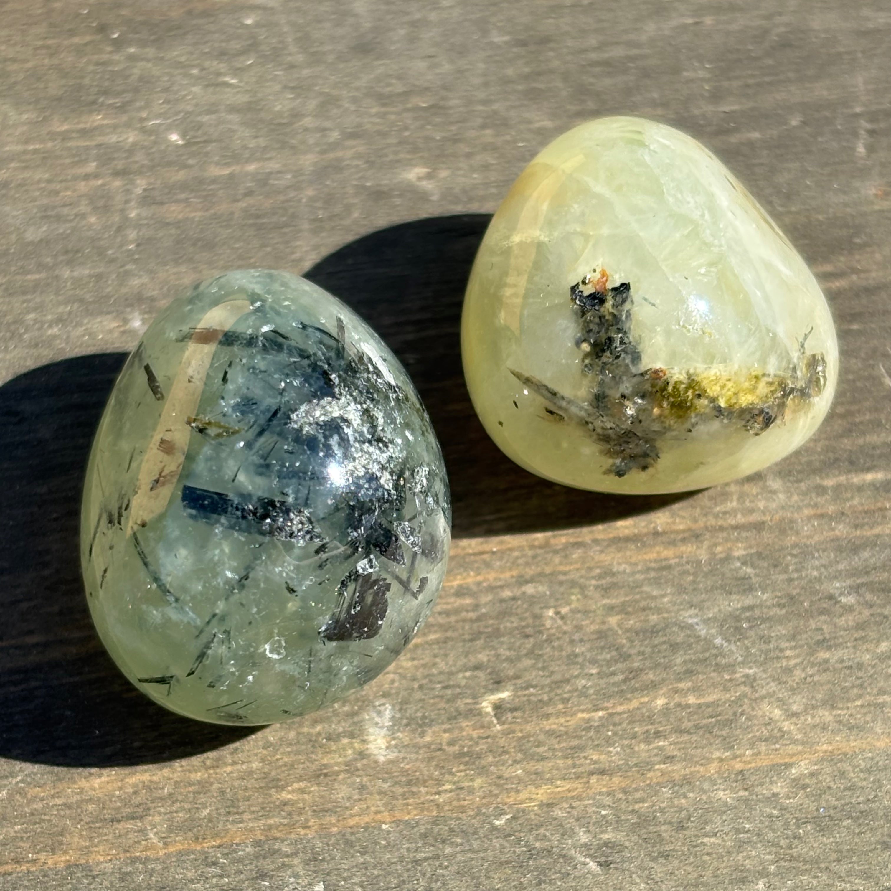 Polished Prehnite in Epidote Pair