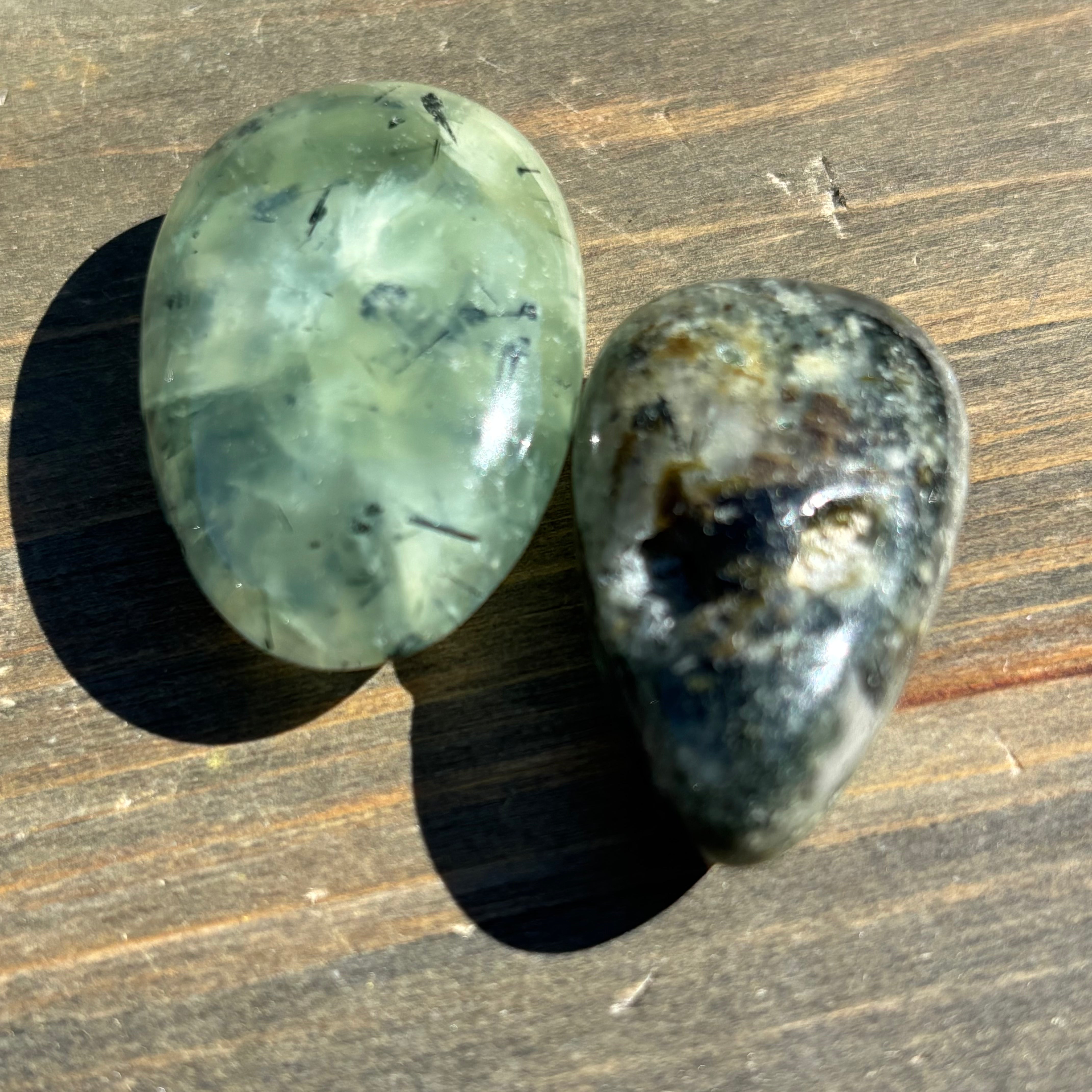 Polished Prehnite in Epidote Pair